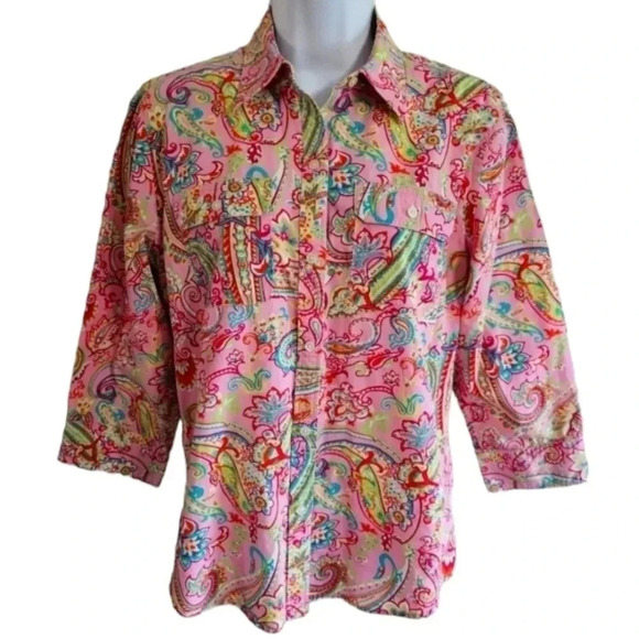 Vintage Chaps Classics Pink Paisley Button Up Shirt M Boho Preppy Y2K Blouse - Picture 2 of 8